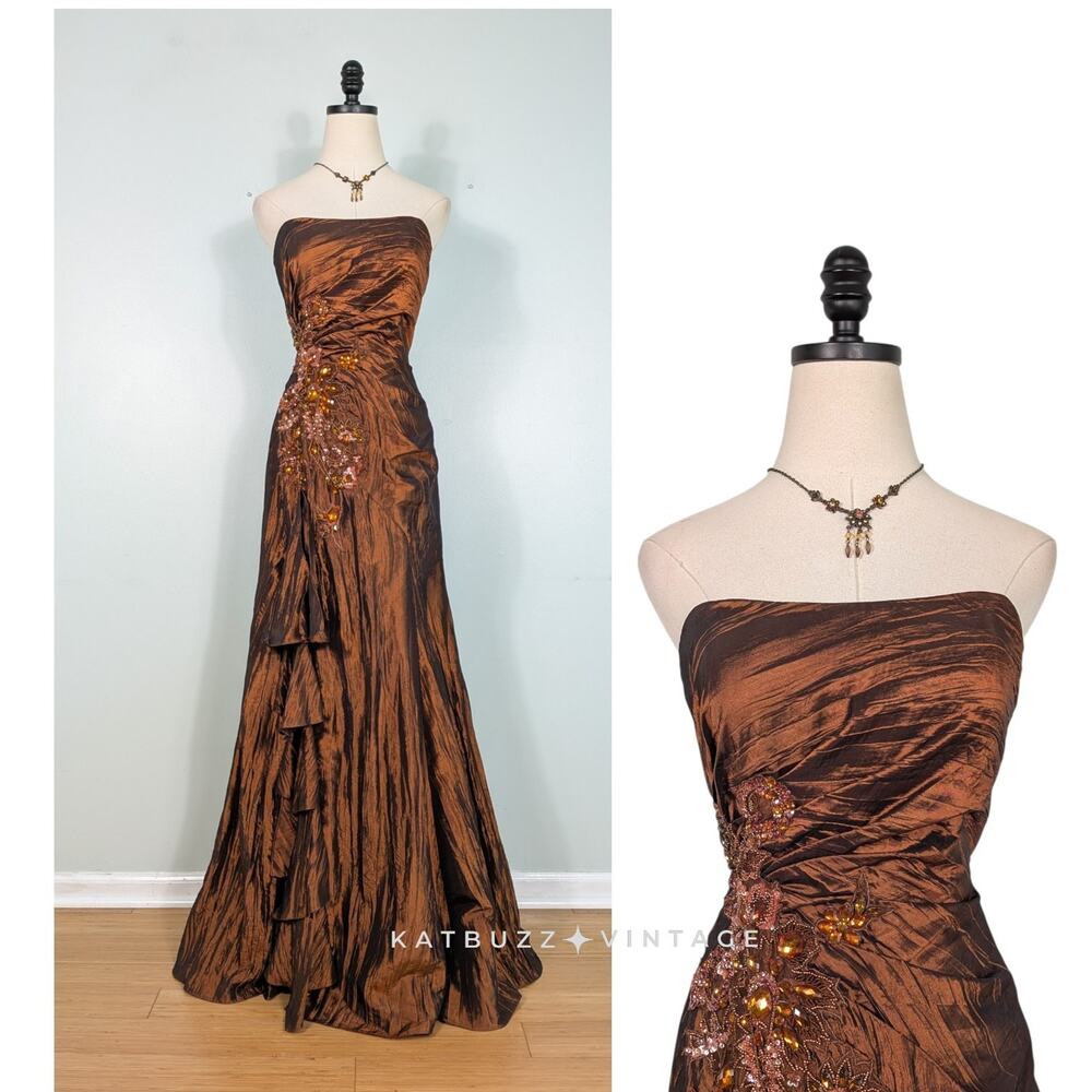 Vintage Cassandra Prom Dress Maxi Gown 6 Brown Strapless Whimsigoth Glam Formal